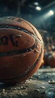 Basketball resting on the floor in an indoor court illuminated by dramatic lighting during a competitive game photo