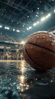 Basketball game in a crowded arena during a dramatic moment with a close-up view of a wet ball on the court photo
