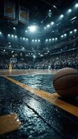 Bright lights illuminate a basketball court as a ball rests on the floor during a competitive game at dusk photo