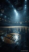 Basketball court illuminated by bright lights in an empty arena before a game at night photo