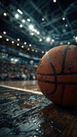 Basketball rests on court during a thrilling match in an indoor arena filled with excited fans at night photo