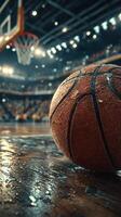 Intense basketball game with close-up of a ball on the court during a crowded arena photo