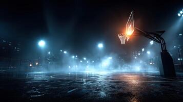 Basketball court under glowing lights at night with misty atmosphere and reflections on wet pavement photo