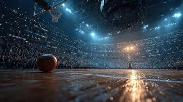 Exciting basketball game atmosphere with fans cheering in a packed arena at night photo