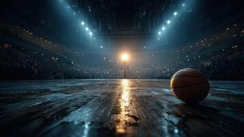 Basketball game in an arena with spotlight on the court and a ball ready for play at night photo