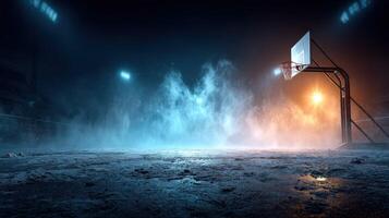 Basketball court illuminated by dramatic lighting at night with mist and shadows creating an intense atmosphere photo
