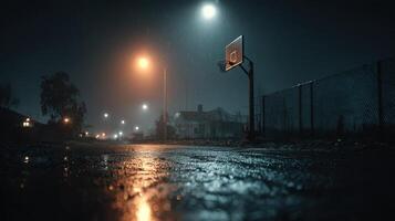 Nighttime basketball court under rain near a street in a quiet neighborhood with streetlights illuminating the scene photo