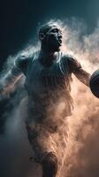 Basketball player in dynamic motion during a game surrounded by swirling dust and smoke effects photo