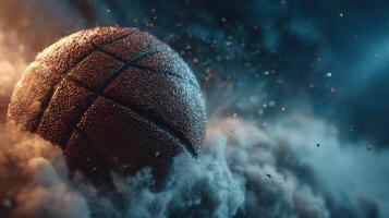 Basketball rolling through smoke with dramatic lighting effects in a dark environment photo