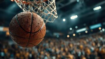 Basketball soaring toward the hoop during an intense game at a packed arena photo