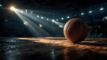 Basketball rests on a court illuminated by spotlight in an empty arena during a competitive match photo