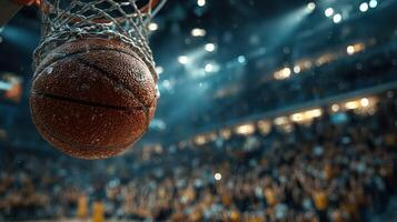Basketball goes through hoop during intense game in packed arena with cheering crowd photo