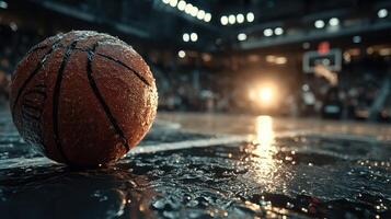 Basketball rests on a damp court during an intense game at a crowded arena on a lively sports evening photo