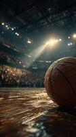 Exciting basketball game with a focus on the ball in a packed arena during the final moments of the match photo