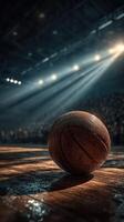 Basketball resting on court during a dramatic lighting display in a packed arena before a championship game photo