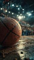 Basketball rests on the court with a cheering crowd in the background during a nighttime game photo