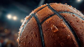 Close-up of a wet basketball resting in a gym during an intense game moment photo