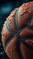 Close-up of a wet basketball showcasing texture and detail during a rainy outdoor practice photo