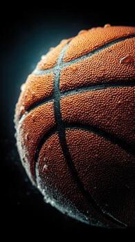 Close-up view of a wet basketball with texture and droplets illuminated against a dark background photo
