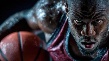 Intense basketball player focuses on the game under dramatic lighting in a gymnasium during practice photo