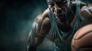 Intense basketball training session in a dimly lit gym with a focused athlete exerting effort photo
