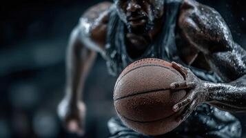 Intense basketball player dribbling through sweat during an indoor game at night photo