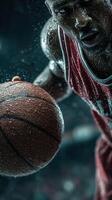 Basketball player showcasing skills during intense game action at a sports arena in the evening photo