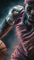 Dynamic basketball player showcasing skill and determination during a high-intensity game in a dramatic atmosphere photo