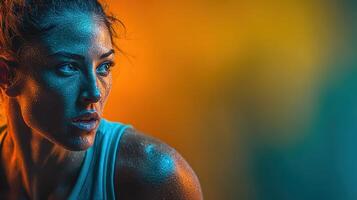 Active woman in a workout session with vibrant lighting radiating energy in an indoor space photo