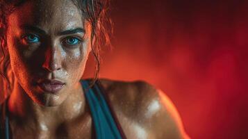 Strong athlete displaying intense focus and determination during a workout in a dramatic lighting setup photo
