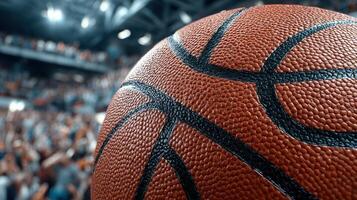 Basketball close-up with cheering crowd in a sports arena during an intense game atmosphere photo