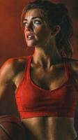 Empowering moment for a female athlete in a dynamic sports setting with a basketball photo