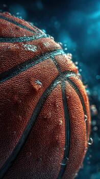 Basketball covered in water droplets resting on a surface with a blurred background photo