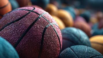 Numerous basketballs in various colors and textures gathered together in a vibrant sports setting photo