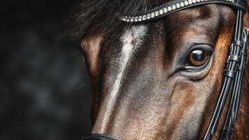 Close-up view of a horse's eye and bridle highlighting the beauty and elegance of the animal during a calm moment photo
