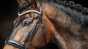 Close-up of a beautiful brown horse with braided mane and elegant bridle during an equestrian event photo