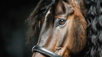 Majestic horse with beautiful mane gazes thoughtfully in low light setting photo
