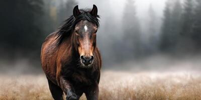 Majestic horse walking through misty forest landscape at dawn photo
