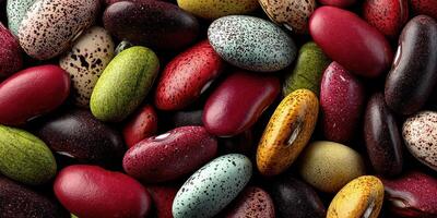 Colorful assortment of diverse beans on display with vivid patterns and textures photo