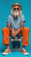 Elderly man with gray beard and sunglasses poses with skateboard against a bright blue background photo