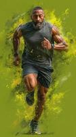 Strong man running energetically in a vibrant outdoor setting during daylight hours photo