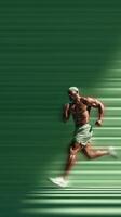 Man running swiftly in a dynamic, green-themed environment showcasing athleticism and determination photo