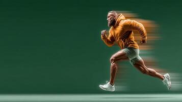 Muscular man in orange hoodie running fast against a green background in a dynamic motion blur photo