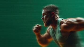 Strong man running in a powerful sprint motion on a green background during an athletic training session photo