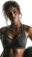 Female athlete showcases strength and focus in a workout session with a water-splashed backdrop during fitness training photo