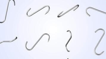 Meat Hooks Falling on a Light Blue Background. S Shape Metal Hook 3D. 4K video