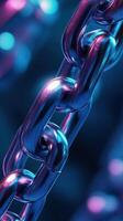 Metallic chain links glisten under blue and purple lighting in close-up view showcasing intricate details and reflections photo