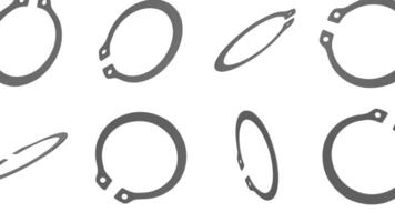 Retaining Rings Falling on a White Background. Snap Ring 3D Animation. Circlip. 4K video