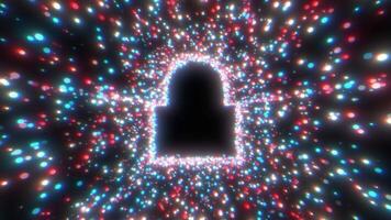 Glowing Particles forming a Shape of Digital Lock. Abstract Digital Background. 4K video