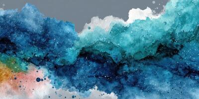 Abstract watercolor artwork depicts swirling blue and turquoise waves with hints of orange and gray for dynamic visual interest photo
